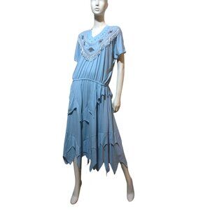 Vintage Donna Toran Dress L Midi Fringe Celestial Western Cowgirl Asymmetric